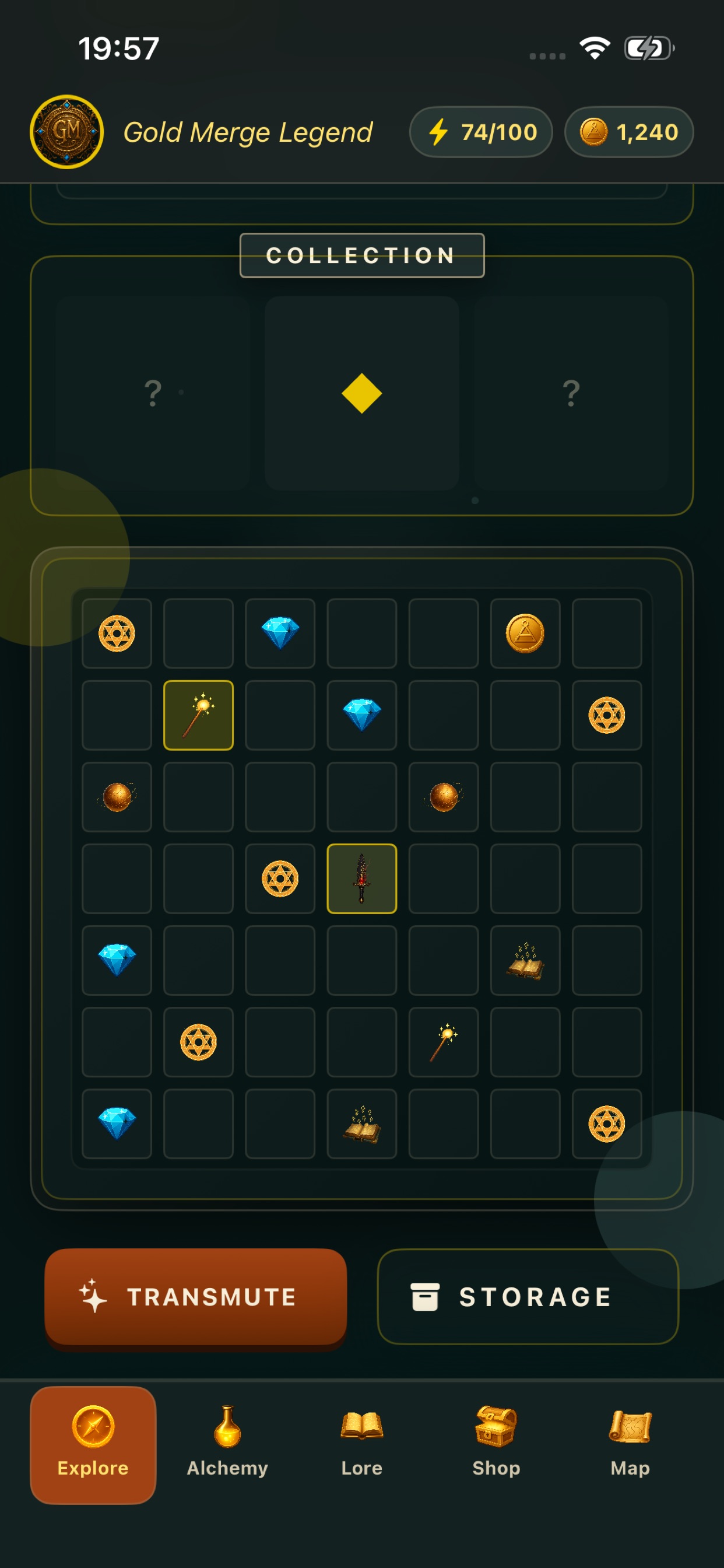 Gold Merge Legend in-game screen showing the shop and trove interface