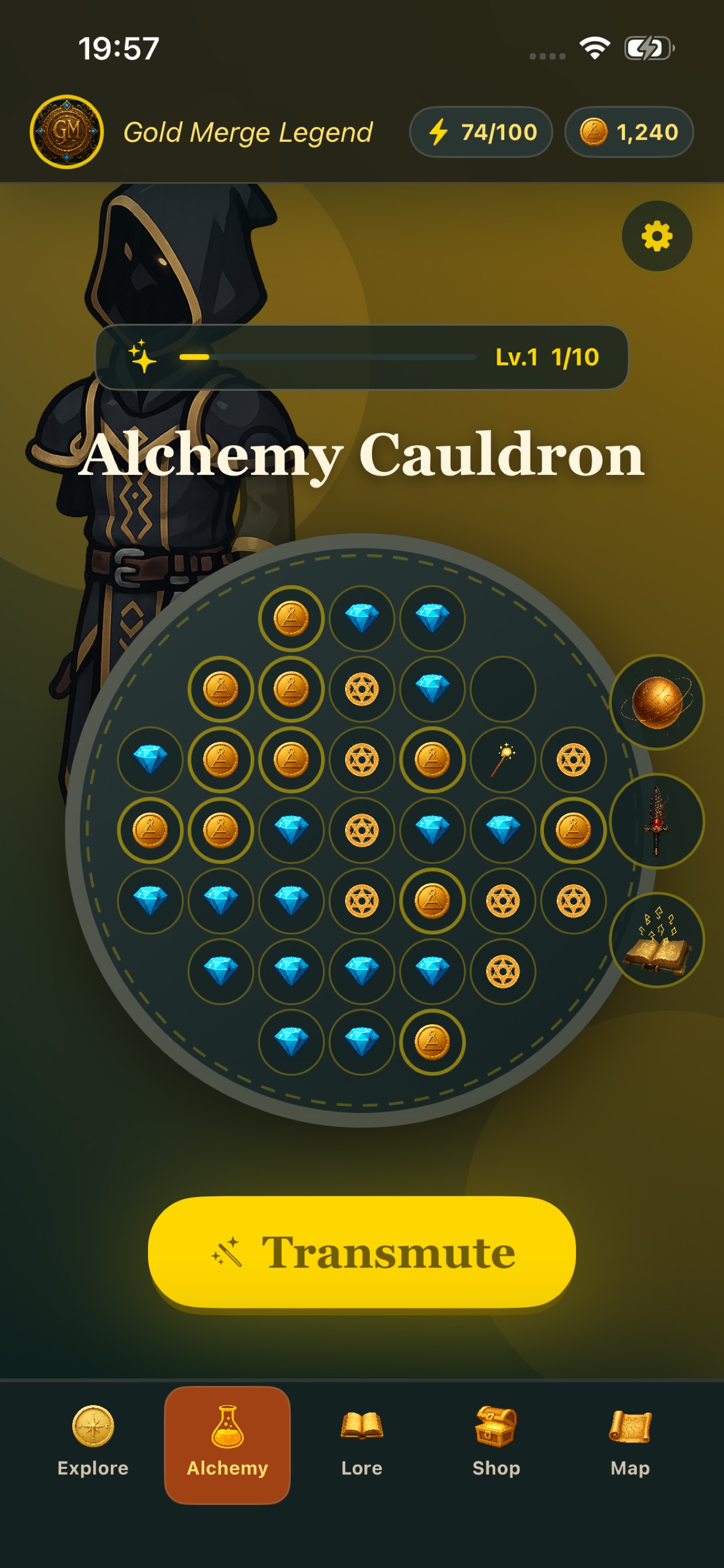 Gold Merge Legend gameplay screenshot: alchemy cauldron and merge board