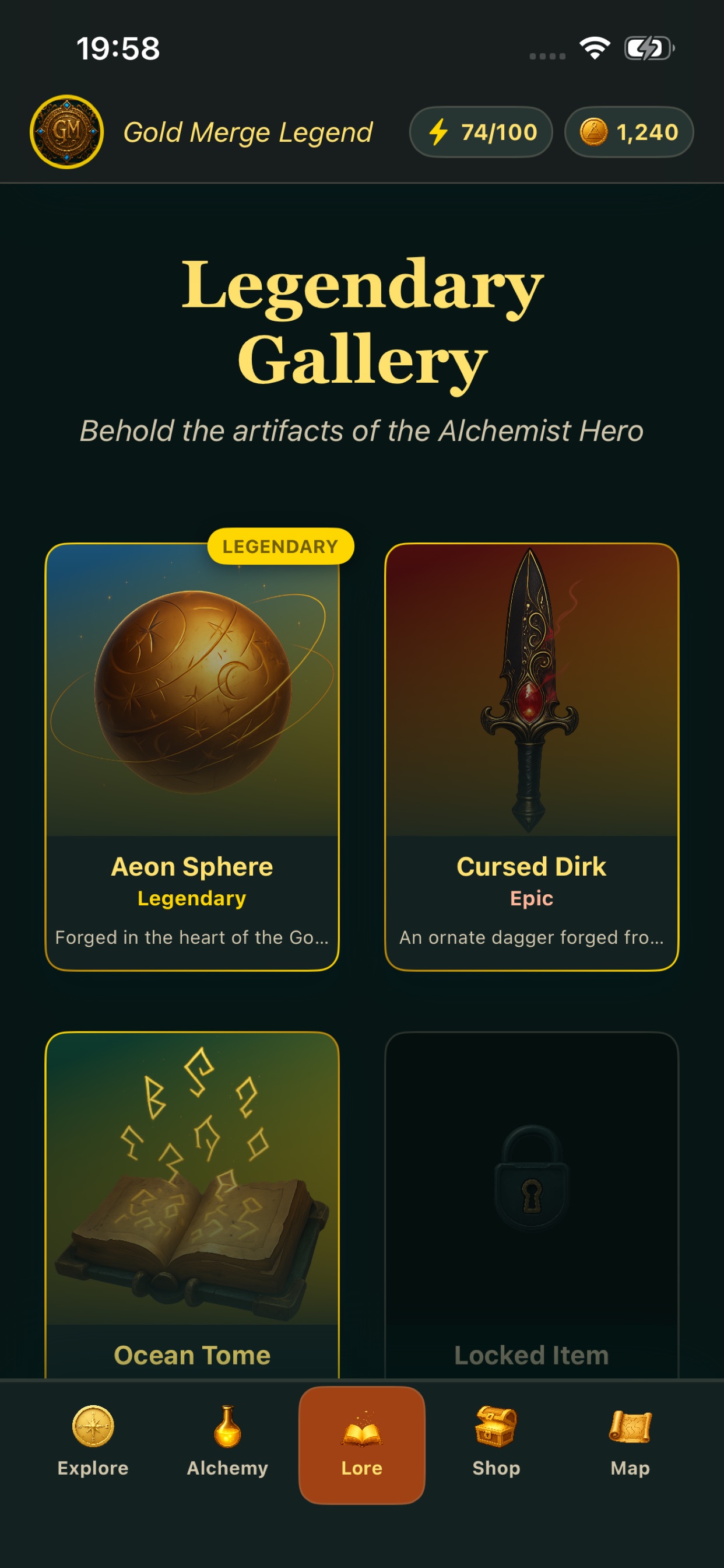 Gold Merge Legend gameplay screenshot: collection and progression