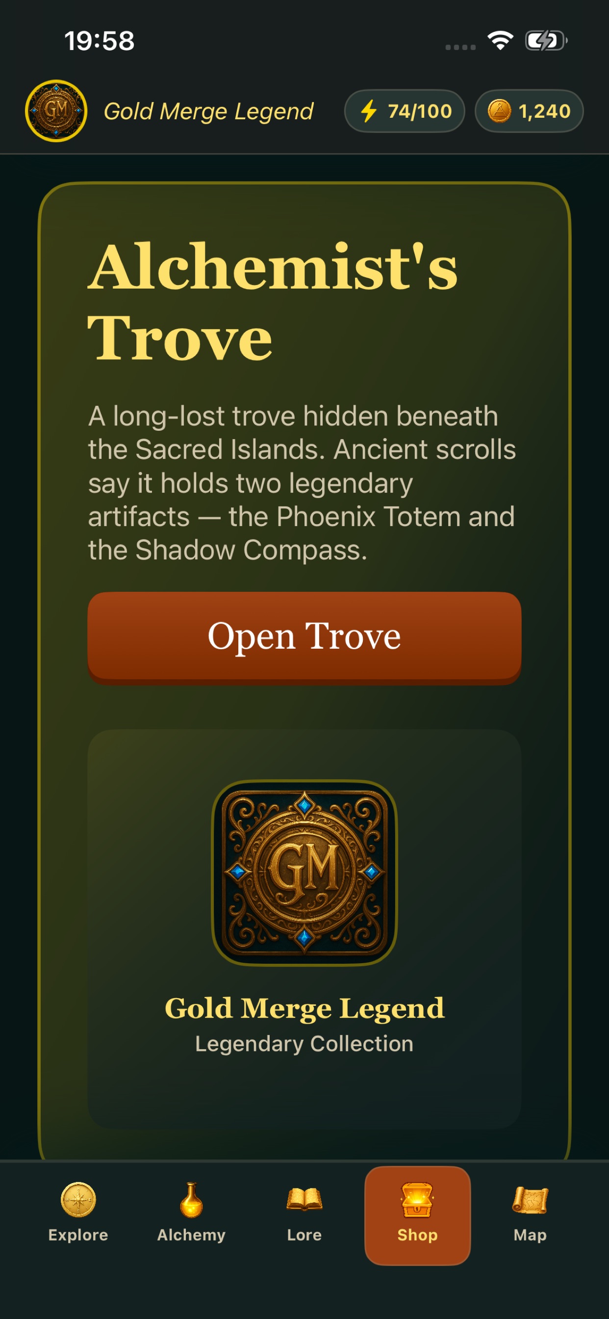 Gold Merge Legend gameplay screenshot: quests and islands